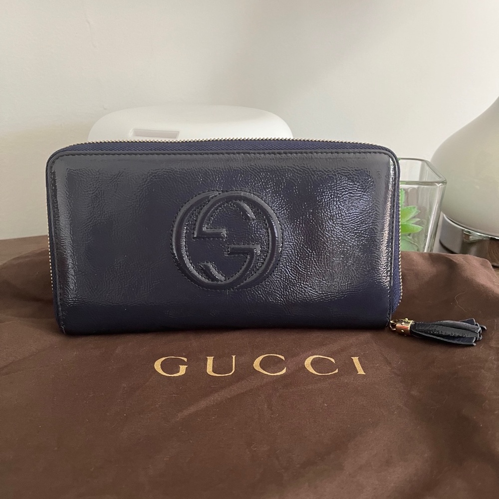 Gucci Soho Patent Zip Around Wallet, Uniform Blue Navy